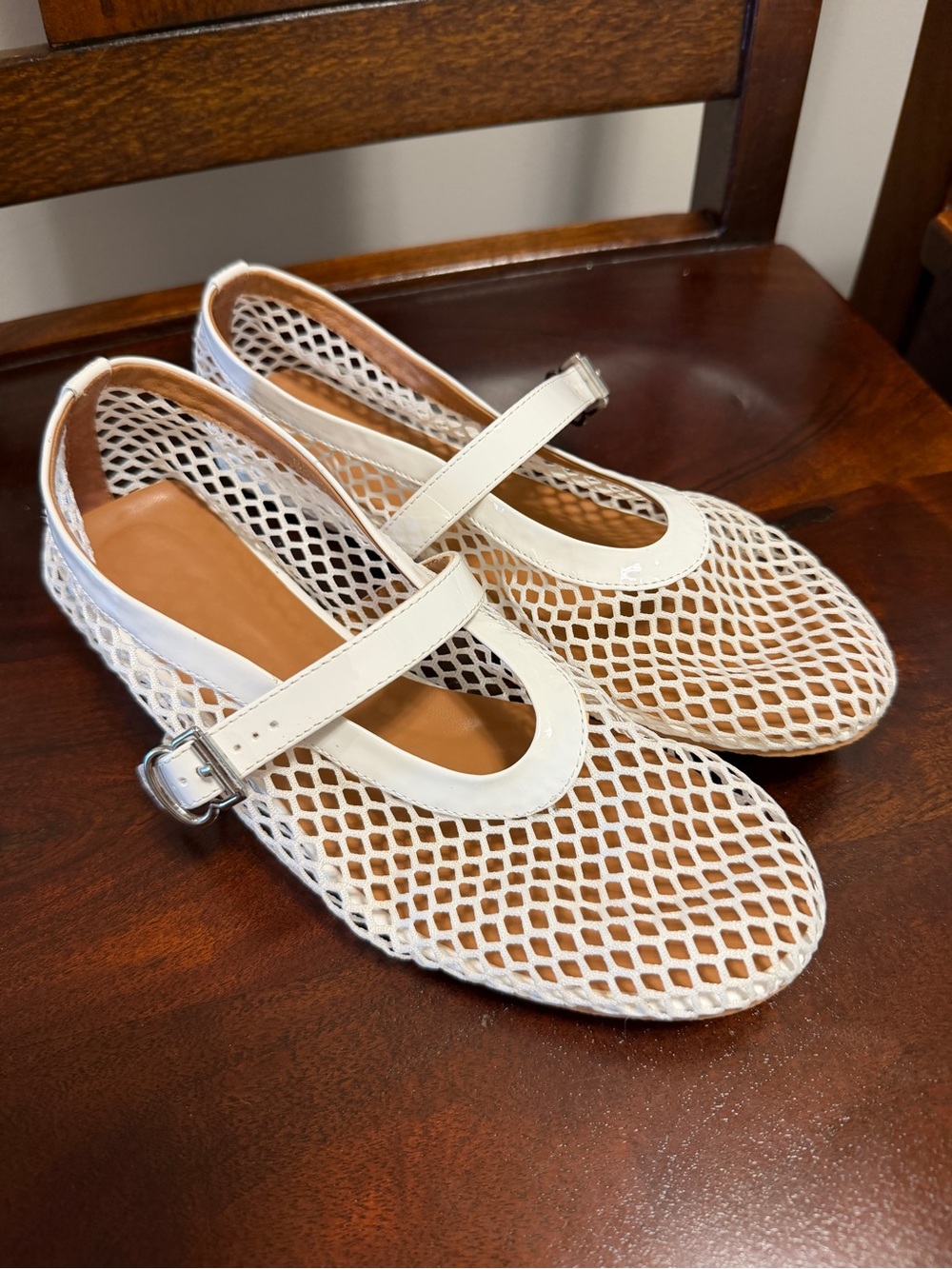 White Mesh Mary Jane Flats with Strap